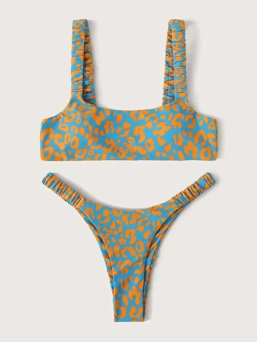 Microbikini de 2 piezas para mujer, traje de baño con estampado de leopardo, traje de baño de cintura alta, traje de baño Multicolor con tirantes para playa Y203 2024