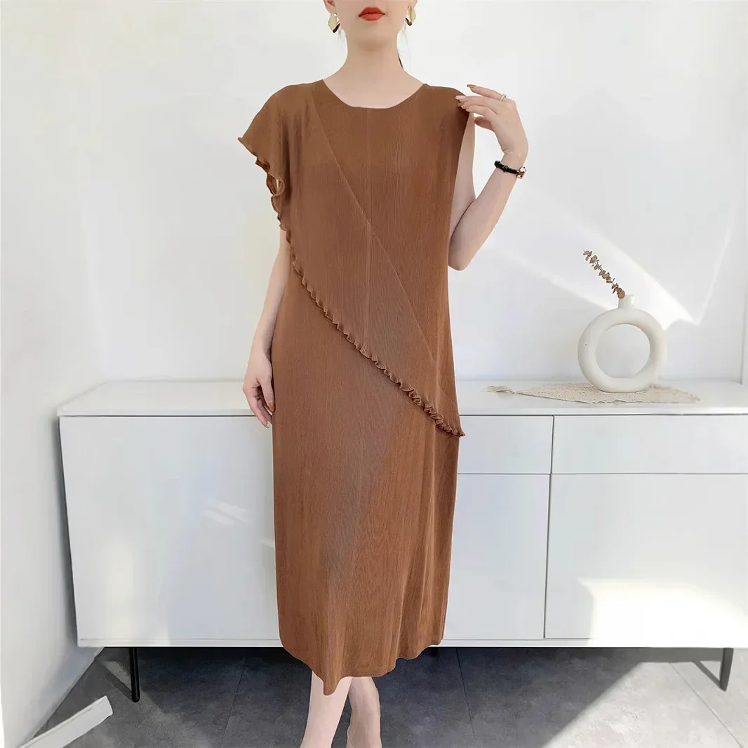 ISCH Miyake Dresses 2025 Summer Pleated Dress Women Irregular Shape Mid-length Niche Skirt Plus Size Women Fashion Clothing