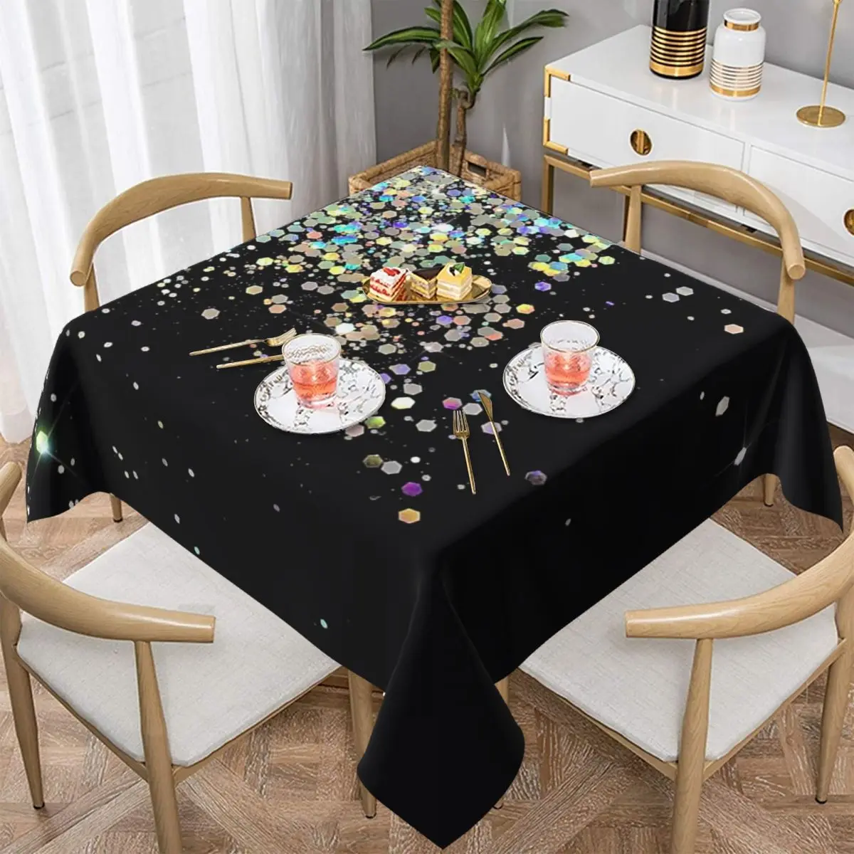 Black And Holographic Sparkle Waterproof Square Tablecloth Oilproof Table Cloth for Kitchen Events Dining Table Cover
