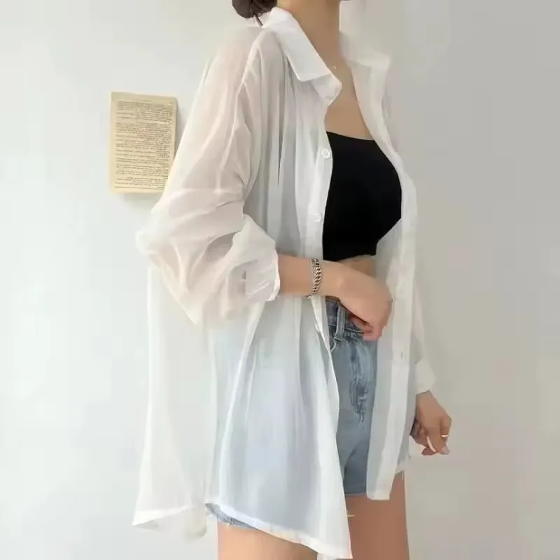 Lekka koszula zapinana na guziki damska narzutka na bikini półprzezroczysta szyfonowa koszula z kołnierzykiem gładka koszula strój plażowy