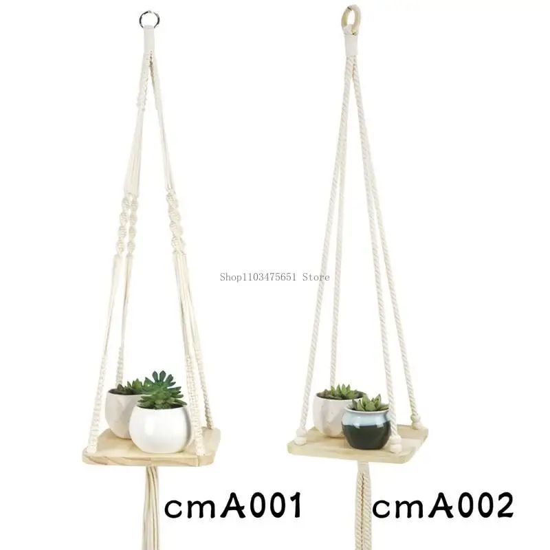 Macrame Plant Hanger with Square Wooden Plate Tray Woven Cotton Rope Hanging Planter Shelf Flower Pot Holder Stand Rack Bohemian