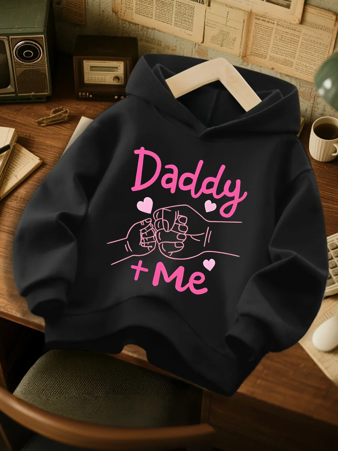 Trendy Casual Kids Hoodie Autumn Winter Fleece Sweatshirt Boys Girls Daddy Plus Me Handshake Print Hooded Pullover