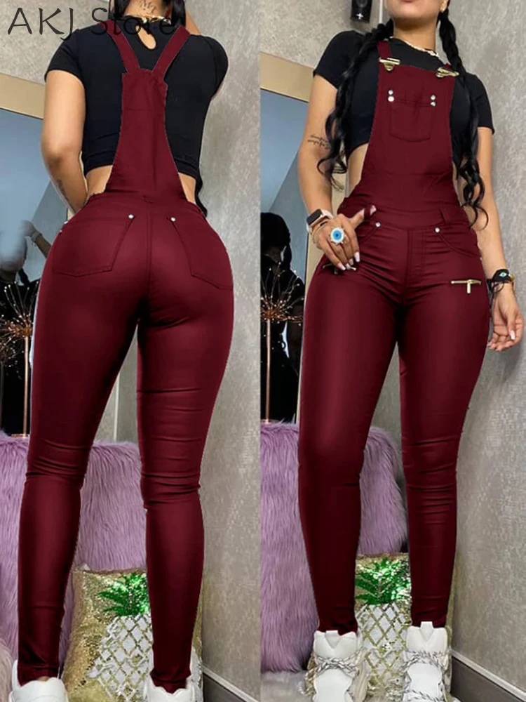 Women One Piece Outfits PU Jumpsuits Buckled Zipper Design Suspender Jumpsuit