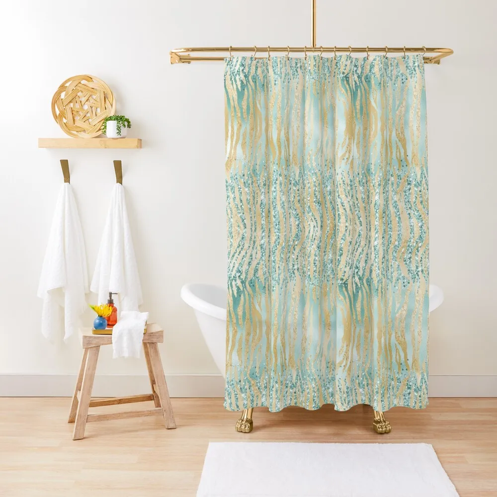 

Gold Glam Aqua Mint Zebra Print Glitter Confetti Glitz Shower Curtain Shower Bath For Bathrooms With Beautiful Designs Curtain