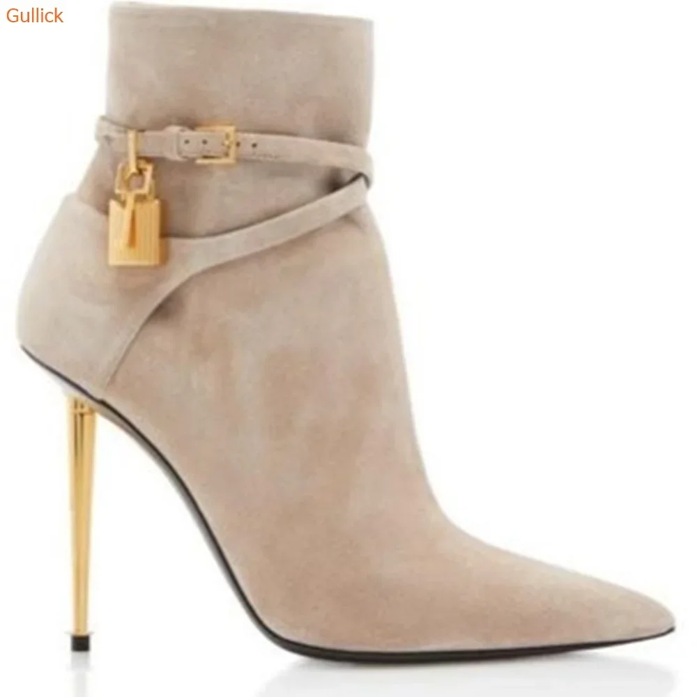 Solid Color Pointed Toe Ankle Boots Gold Lock Metal Heel Stiletto Heel 10CM Women Patent Leather Suede Short Boots 44 SIZE