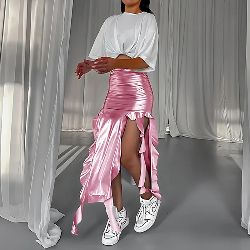 الصيف مثير بولي تنورة تنورة ملابس حريمي الشارع الشهير موضة عادية غير المتماثلة انقسام تنورة ضئيلة حفلة أنيقة عالية الخصر التنانير الإناث