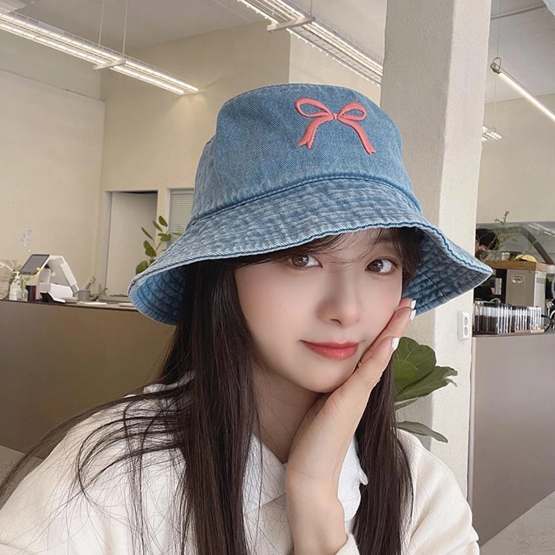 （Summer6）1 Pc Embroidery Butterfly Cotton Denim Bucket Hat For Women Outdoor Sunshade Fisherman Hat For Students Sun Cap Gift