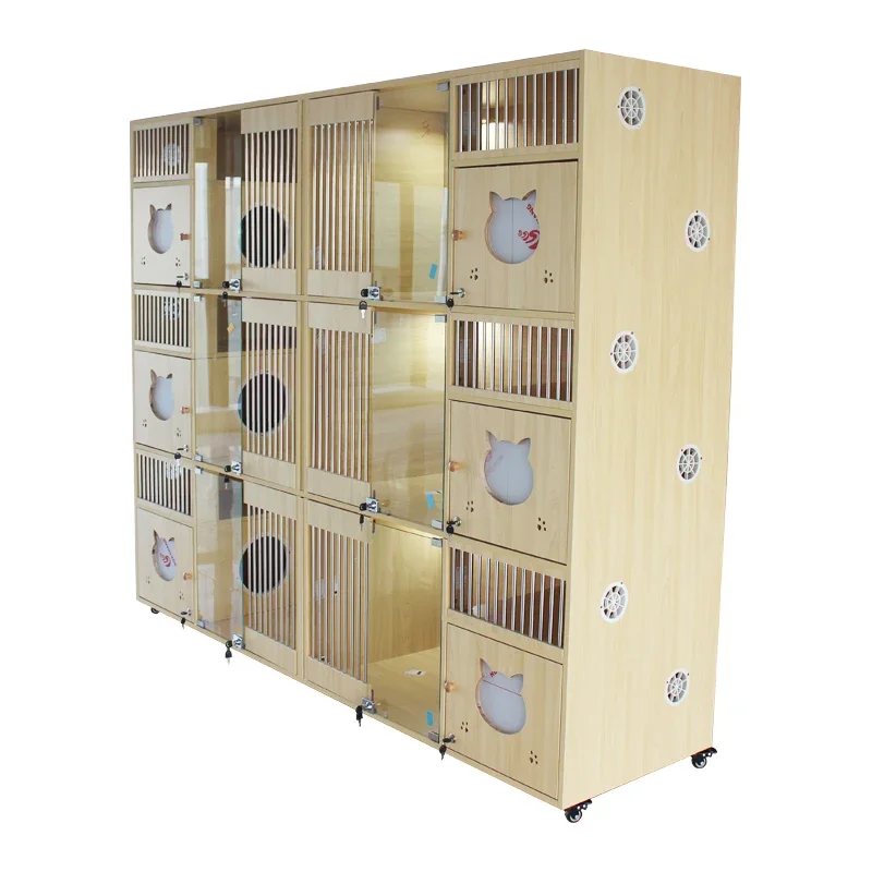 Customized Wooden Cat Cage Temper Glass Pet Cat Multifunction Show Cage For Pet Shop Hospital