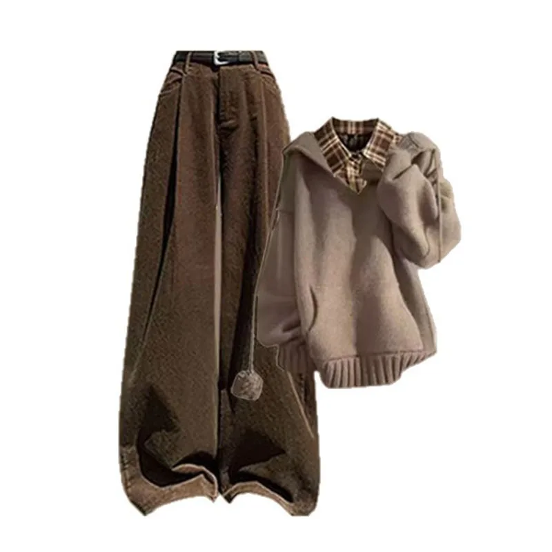 Korean Style Early Autumn Unique College Style Knitted Sweater Set, Maillard Outfit Matching Set, High-end Three Piece Set