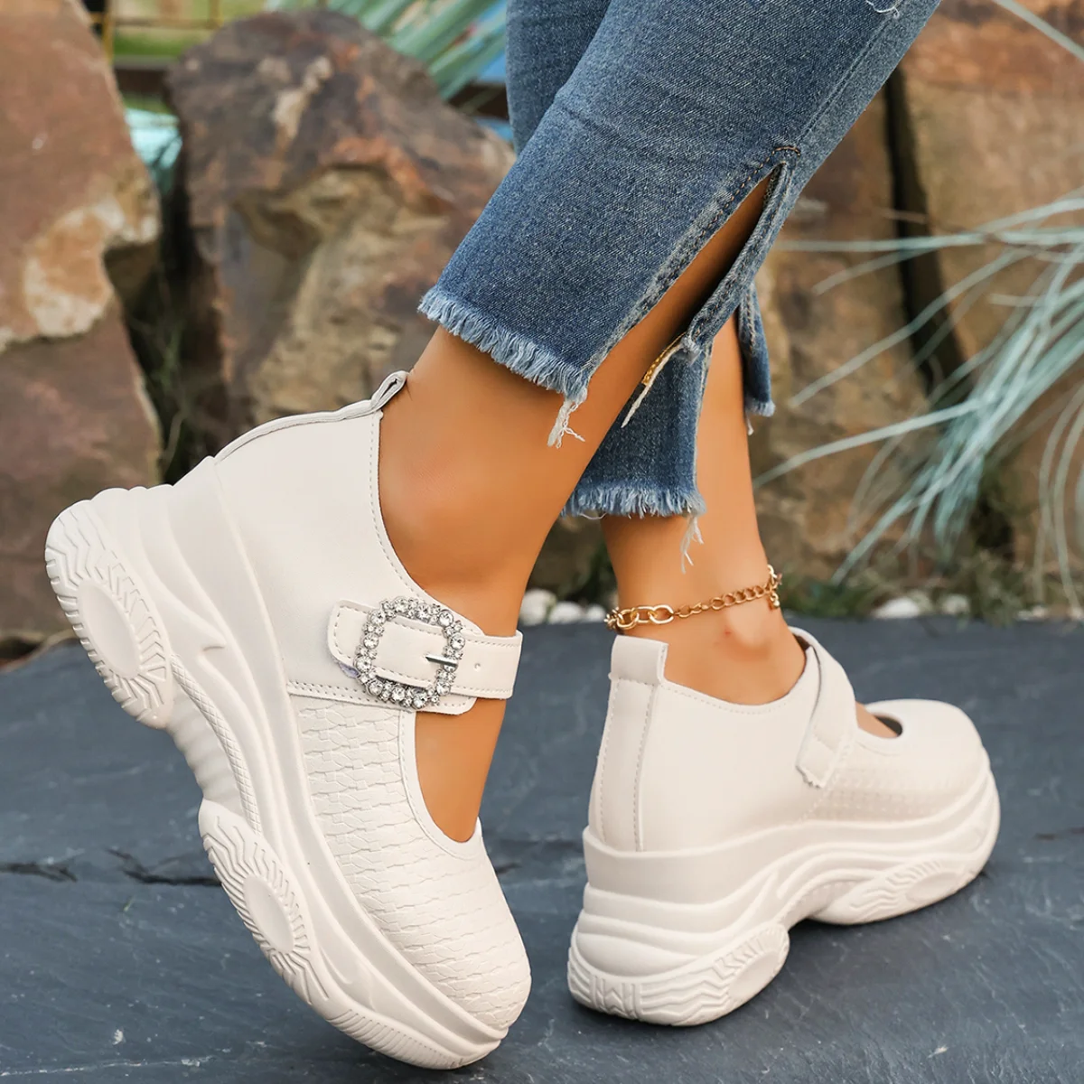 Rhinestone Buckle Thick Bottom Mary Jane Shoes Women Spring White Black Patent Leather Wedge Sneakers Lady Height Increase Shoes - view 3
