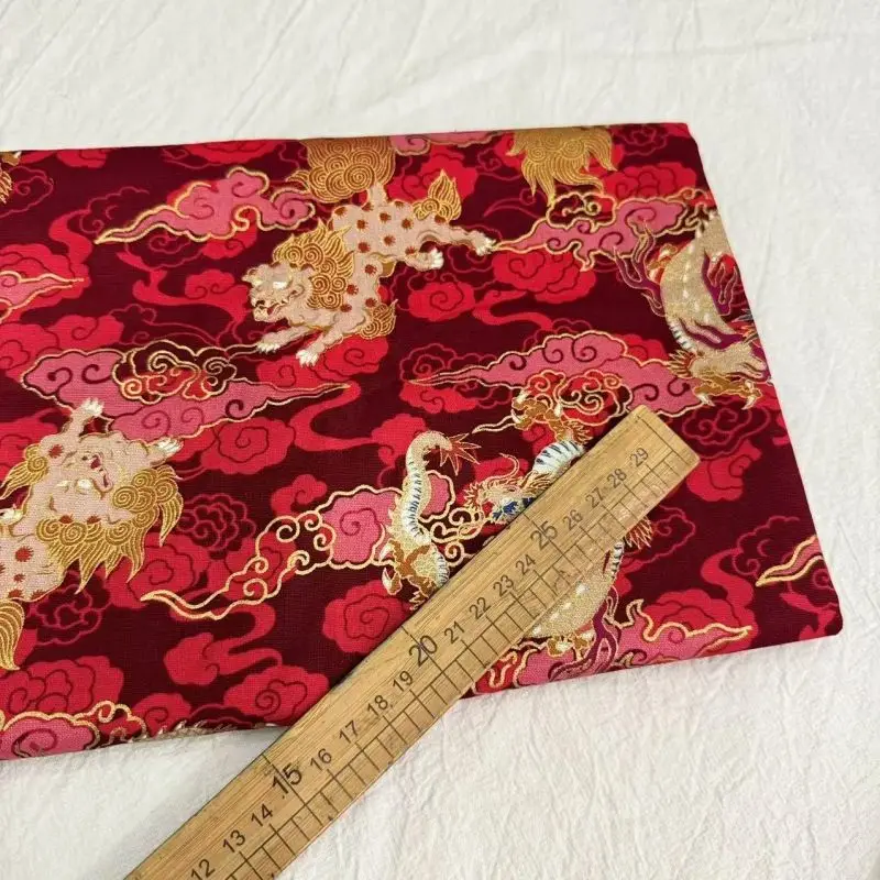 Gold Foil Printed Chinese Dragon Kirin Cotton Fabric Red Blue Quilted Coat Festival Eco Textile Craft Material