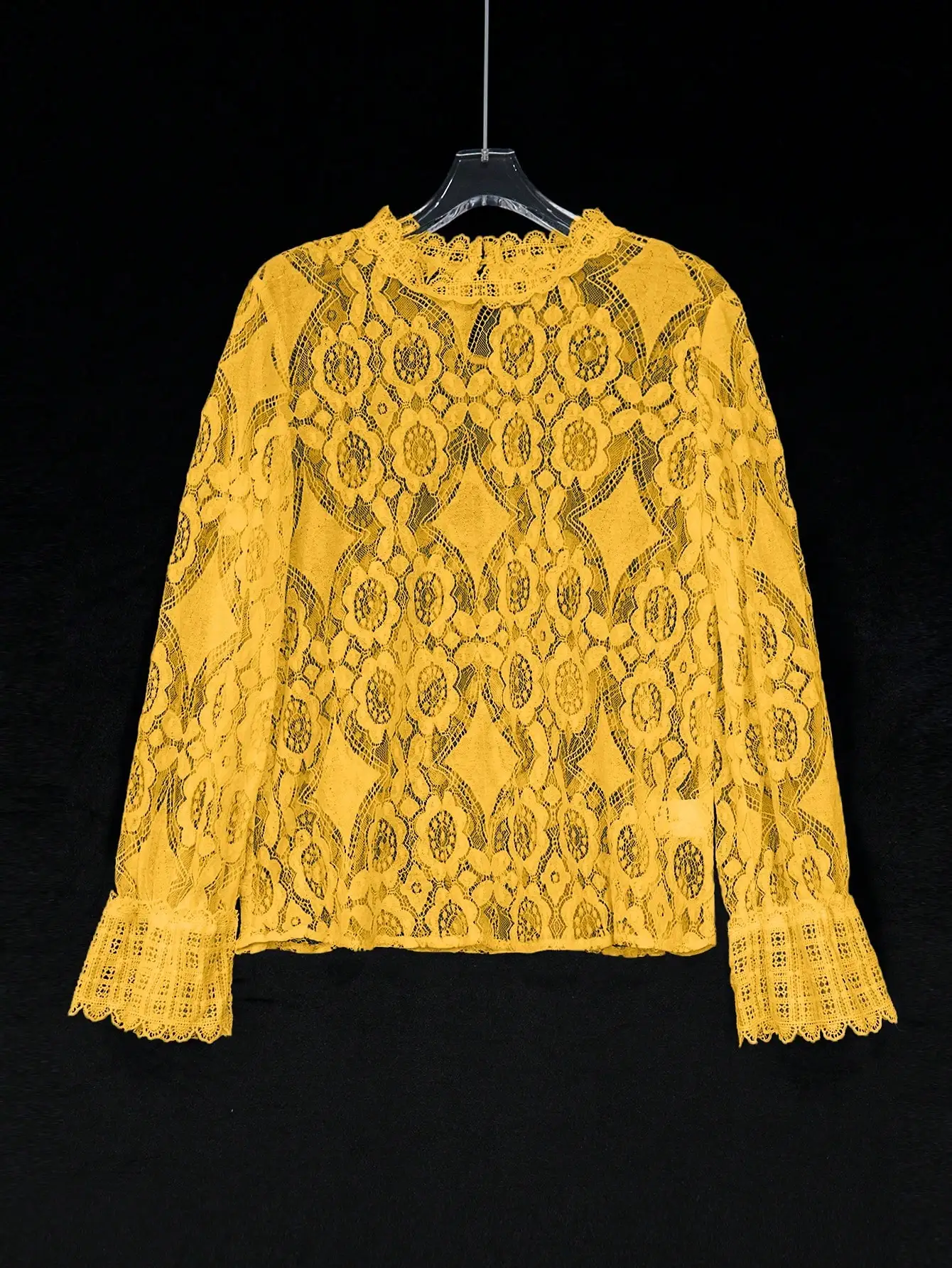 

Женская блузка с воротником-стойкой, кружевными вставками и длинными рукавами, элегантная, ажурная, весенняя