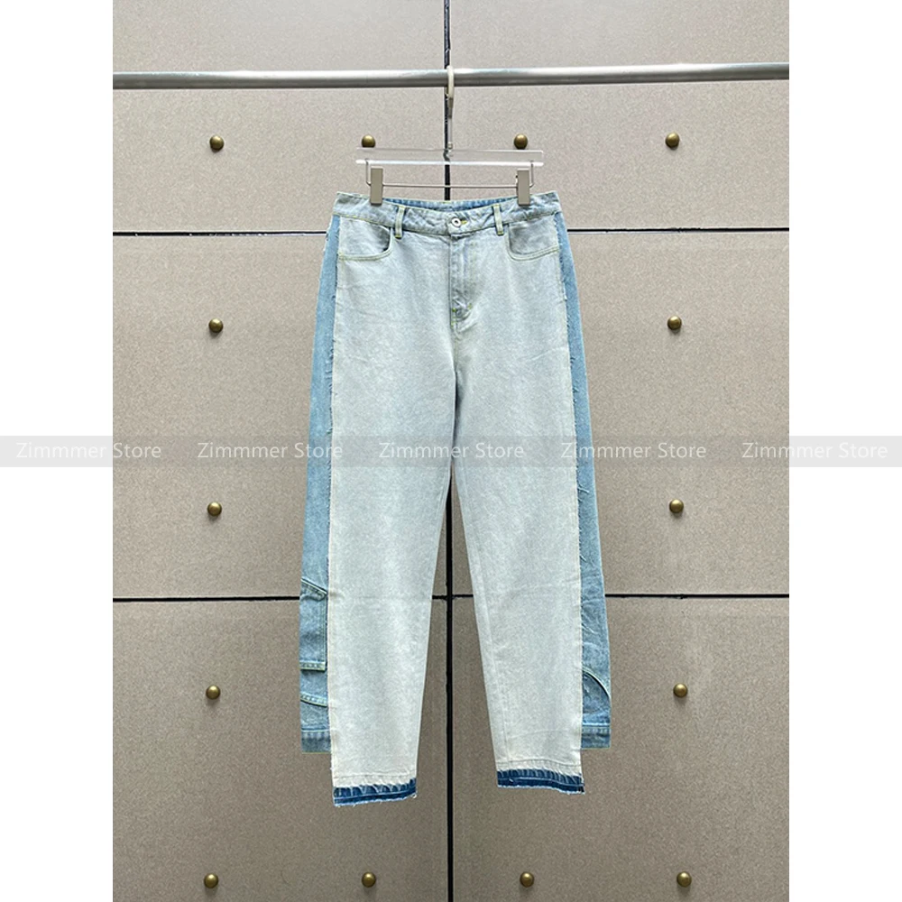 

2024 New High-waisted Splicing Washed Straight Jeans Raw Edge Loose Light Blue Nine-minute Wide Leg Trousers