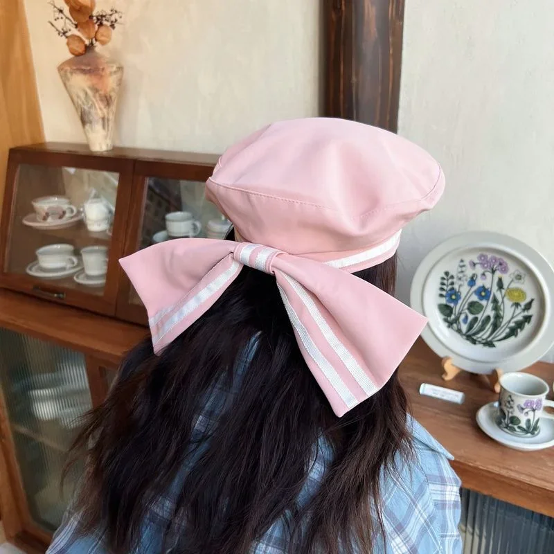 Oversized Bow Beret for Women 2022 Summer Ins Popular Striped Designer Berets Hat Niche Painter Cap Japanese Sailor Hats