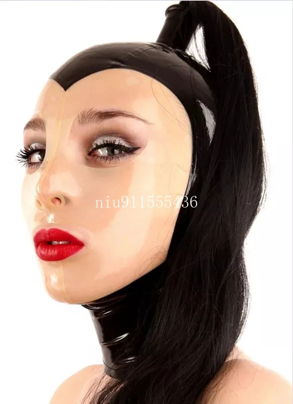 

Handmade Women Latex Mask Rubbe Hood with Black Hair Pigtail for Party Halloween Cosplay Costume