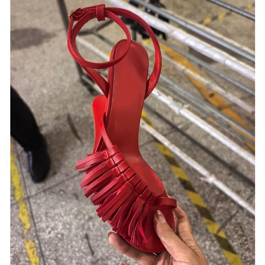 Women Leather Fringe Wedge Heel Ankle Buckle Strap Sandals Ladies Large Size 43 Red Custom Colors Runway Fashion Dress Footwear view 3