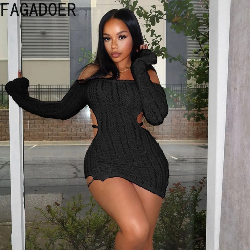 

FAGADOER Summer New Solid Knitting Ruched Off Shoulder Dresses Women Backless Long Sleeve Hollow Slim Vestidos Fashion Clothing