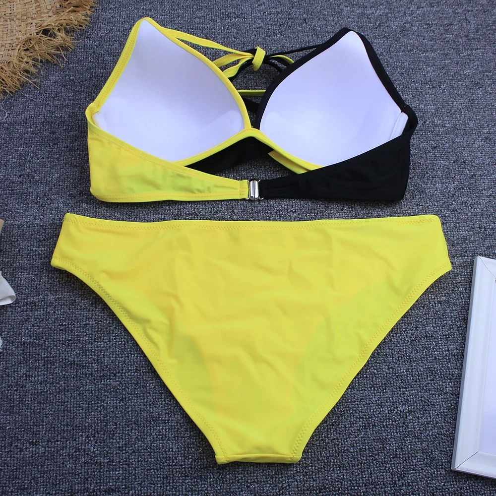 مثير المرأة بيكيني 2025 رفع البرازيلي مجموعة البكيني حجم كبير 3XL ملابس السباحة للنساء الصلبة الأسود بحر السيدات وسادة الصدر ملابس السباحة #3