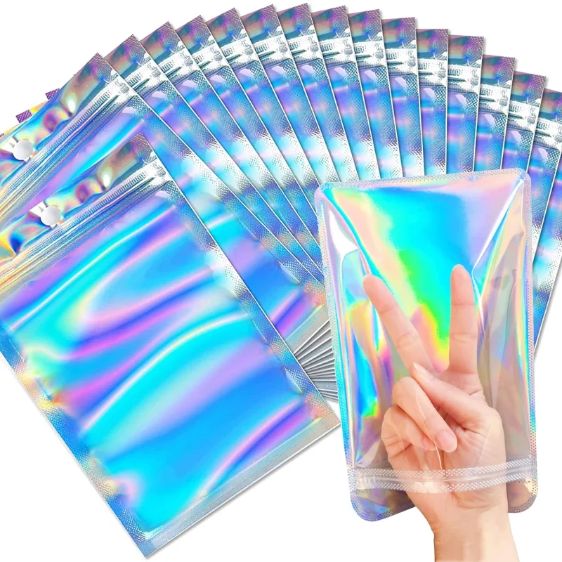 10-100PCS Reclosable Holographic Pink Zipper Packaging Bag Cosmetic Jewelry Flat Pouches Laser Small Plastic Zip Lock Bags