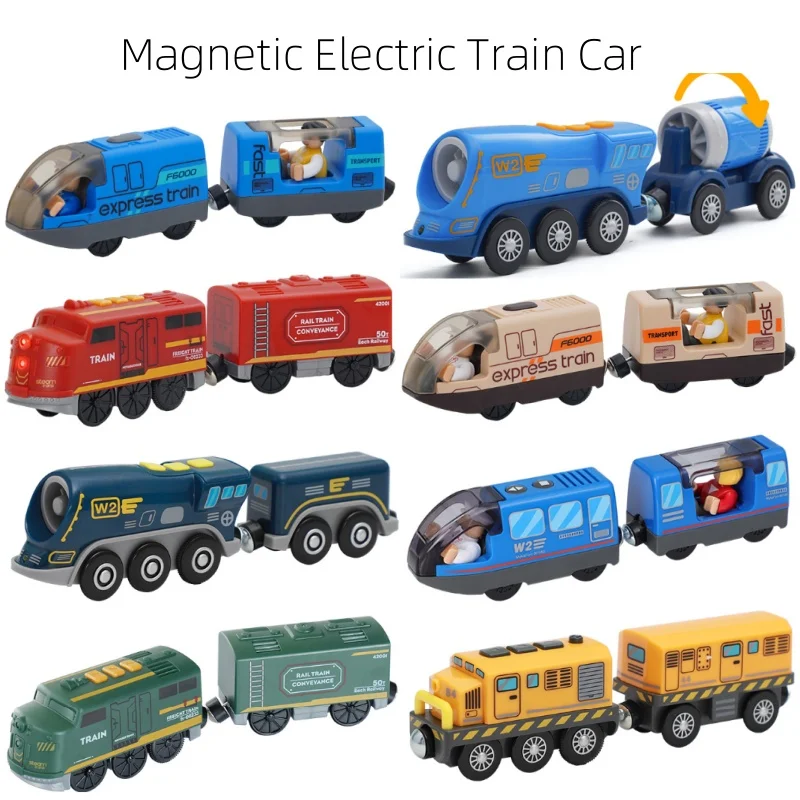 Locomotora eléctrica urbana con ranura para tren magnético, camión de bomberos, coches de policía, tren de madera, vía férrea, juguetes para niños
