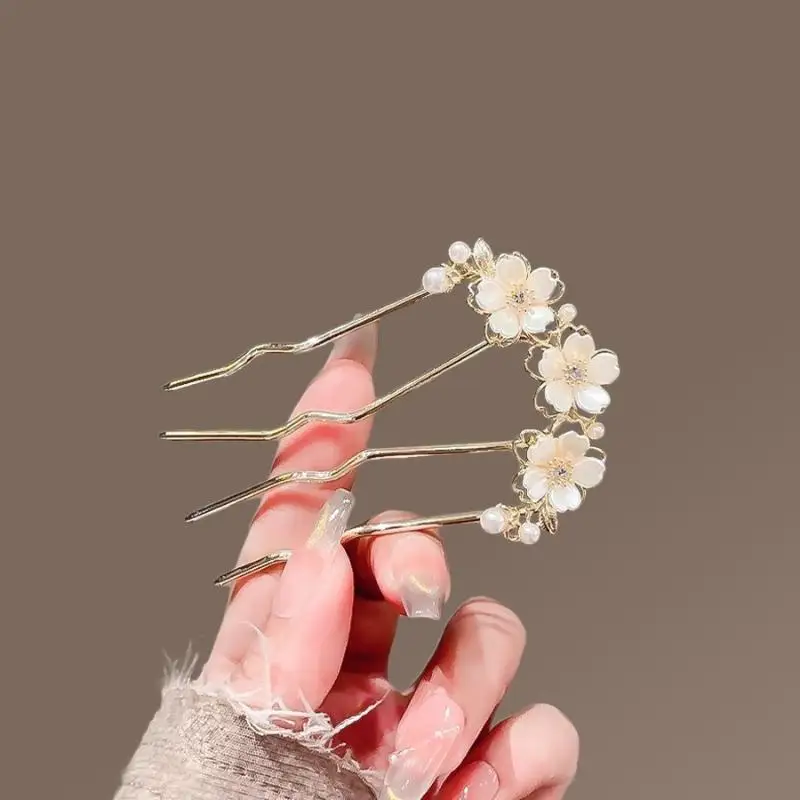 1 Stück Eleganter Perlenblumen-Haarkamm, französische Retro-Haarspange, U-förmige Haarnadel aus Legierung für Damen, Alltags-Haarschmuck〔CC55〕 – Detail 3