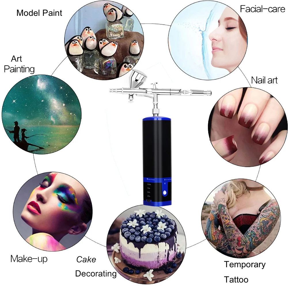 Portable Cordless Airbrush Mini Compressor Set Temporary Tattoo Air Brush Kit 0.3MM Nozzle Battery Replace Noiseless Machine