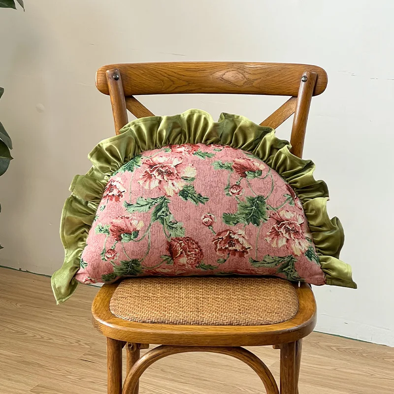 Luxury Half Moon Dumpling Shaped Pillow, Ruffled Floral Decor Cushion, Creative Irregular Throw Pillow for Living Room Chair Hom