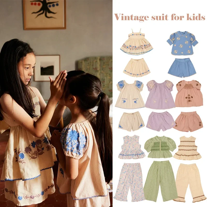 Kids Clothes 2025 Summer Apo New Girl Countryside Style High Ding Heavy Industry Pulling Top Shorts Two Piece Set