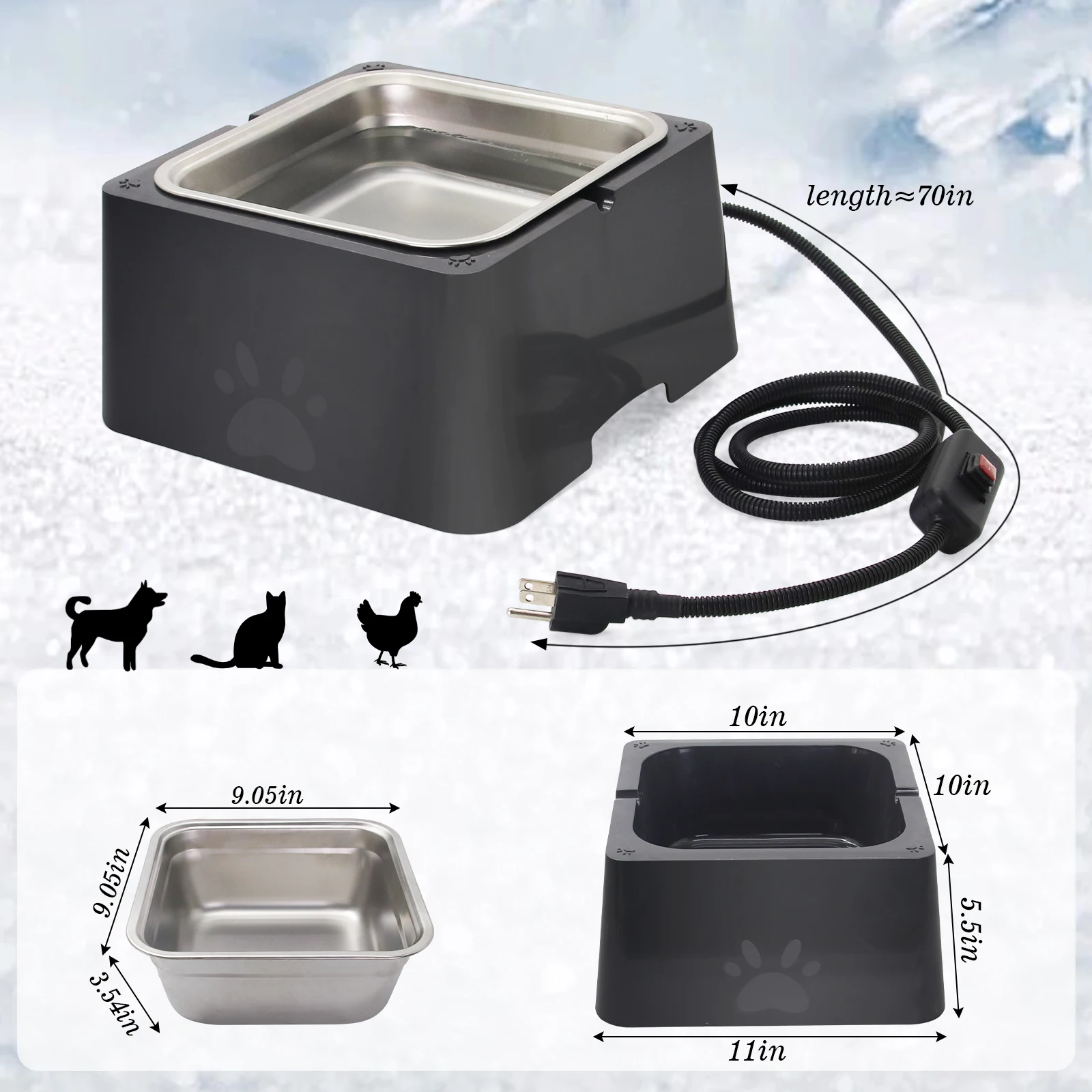 4L Heated Pet Water Bowl Outdoor Heated Waterer for Dogs Cats Rabbits Chickens  Anti-Freeze Stainless Steel Bowl for Winter