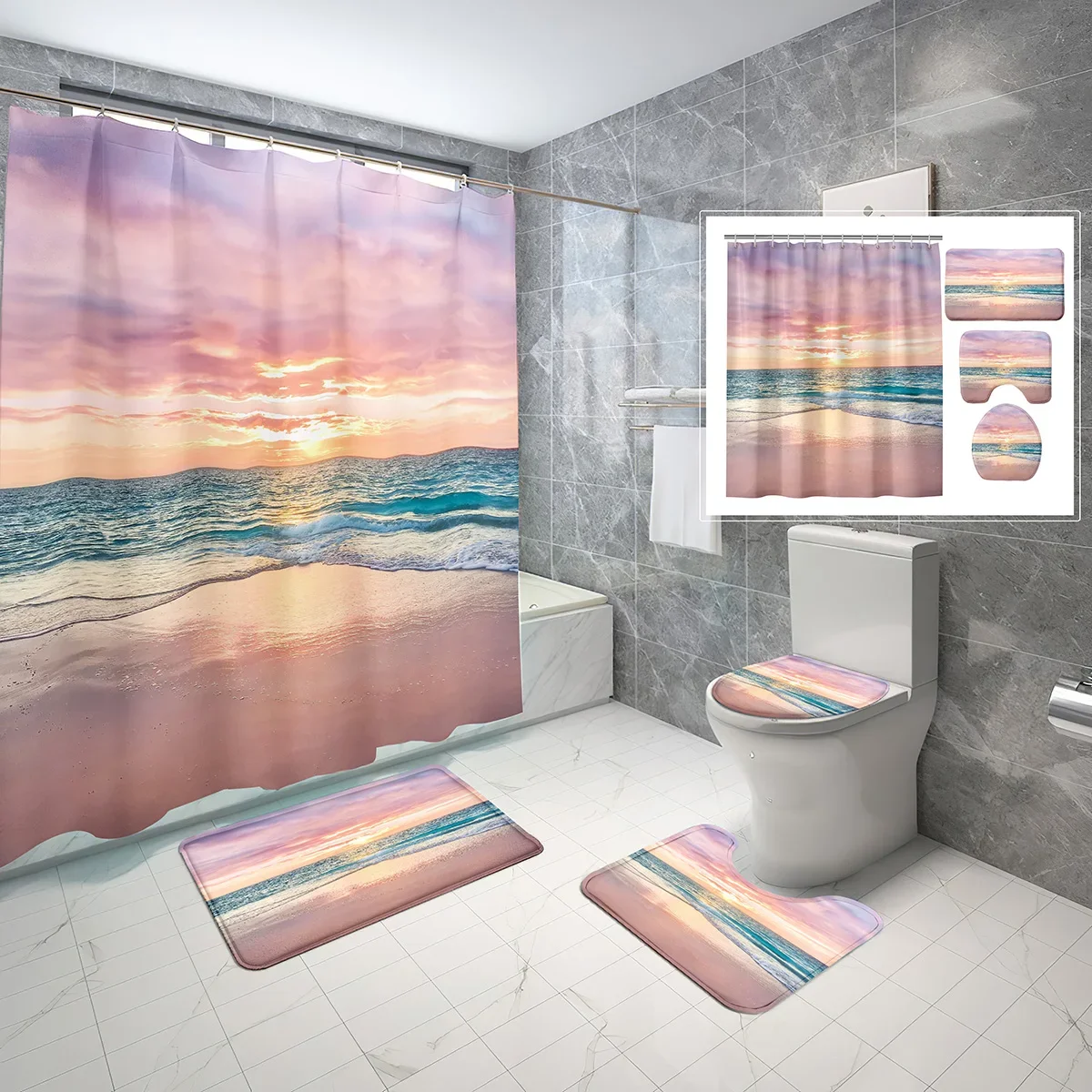4 Pcs Ocean Beach Theme Shower Curtain,Summer Hawaii Scenery Bathroom Curtain with Hooks Non-Slip Bath Mat and Toilet Lid Cover