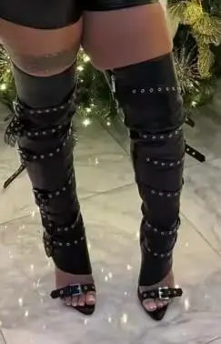 

Black Leather Buckles Decor Pointed Open Toe One Line Hollow Slim Over The Knee Boots Women Sexy Zipper Side Stretch Thigh Boots