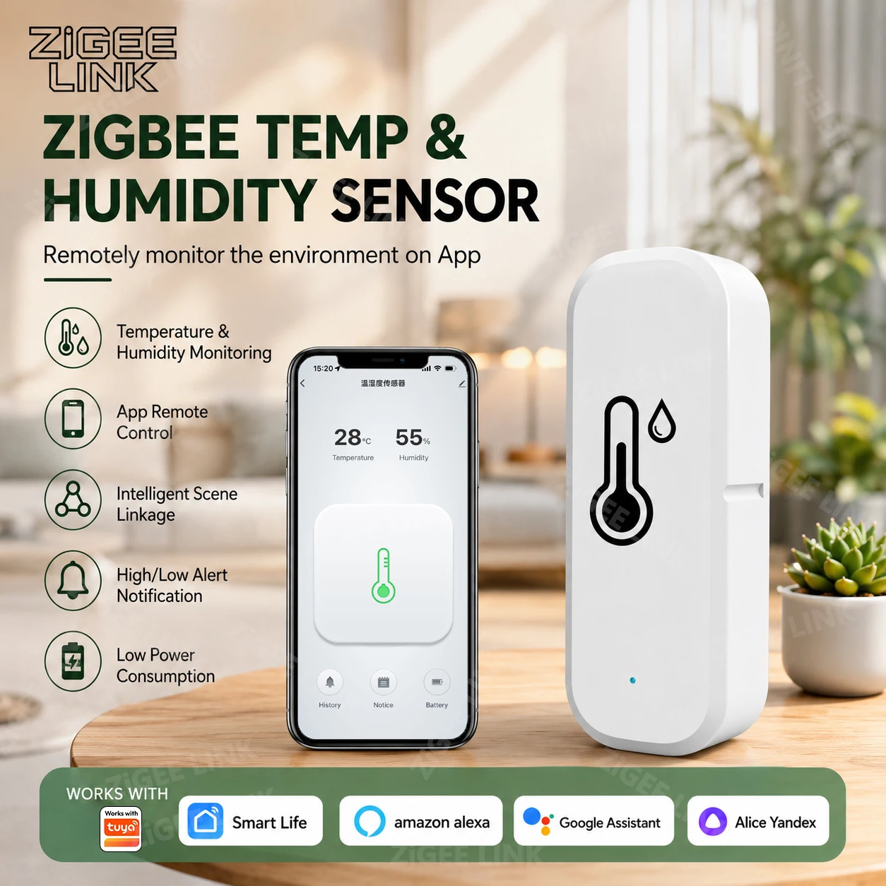 Smart Zigbee3.0 Thermo Hygrometer Sensor Real-Time APP Monitoring With Abnormal Alert Tuya Smart Life Voice Linkage Alexa Google
