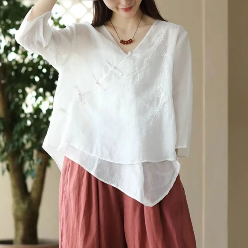 2024 Summer Women Vintage Chinese Ethnic Style Embroidery Shirts V Neck Half Sleeve Asymmetrical Blouses Casual Solid Loose Tops