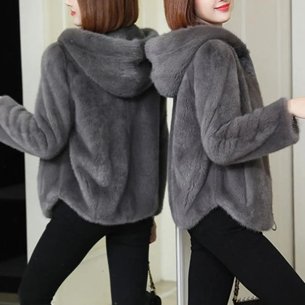 Windproof Winter Coat Cozy Plush Hooded Winter Coat for Women Double-sided Thick Long Sleeves Zipper Closure Cardigan Jacket