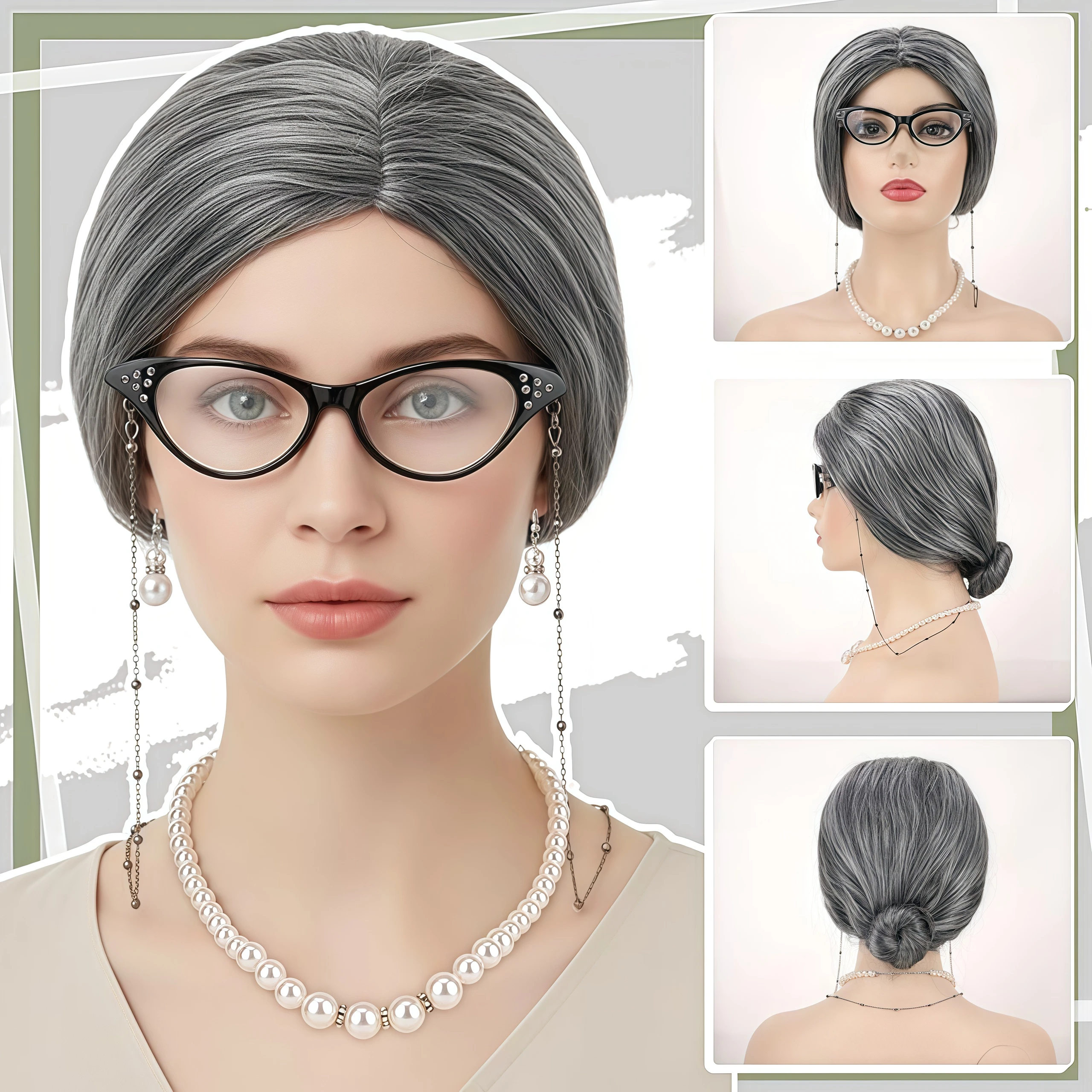 مجموعة أزياء السيدة العجوز للأطفال 100 يوم من المدرسة الجدة رمادي شعر مستعار نظارات للفتيات أداء لعب الأدوار في الهالوين ملحق الجدة #5