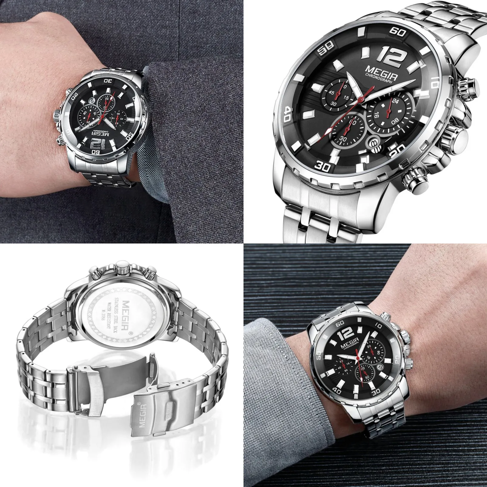 MEGIR 2068 Stainless Steel Military Watches for Men Luxury Quartz Business Wristwatch Luminous Waterproof Date Watches for Man