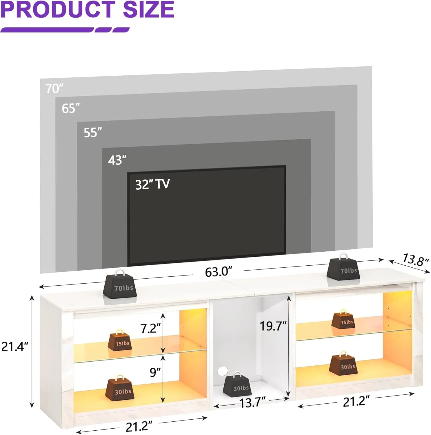 حامل تلفزيون LED عالي اللمعان مقاس 63 بوصة لتلفزيون 50 55 60 65 70 75 بوصة، مركز ترفيه الألعاب لـ PS5، خزانة تلفزيون مع رف زجاجي
