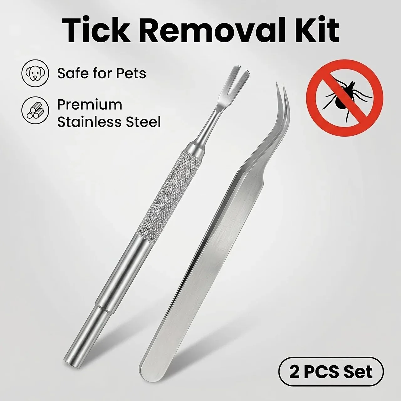 2pcs Set of Tick Forks and Tick Tweezers, Made of 1pc Stainless Steel for High-end Quality. Can Be Sterilized and Reused
