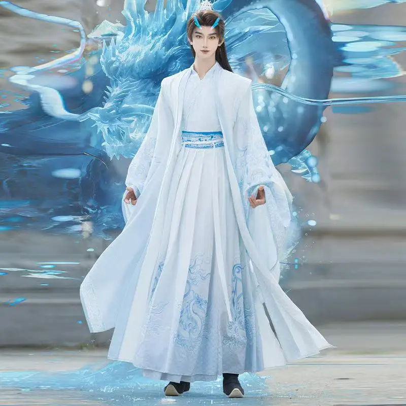 

Классический принт дракона Hanfu для мужчин и женщин, традиционная династия Сун, свежий белый, синий костюм, горячая игра, костюм для косплея Aobing PrinceBoy