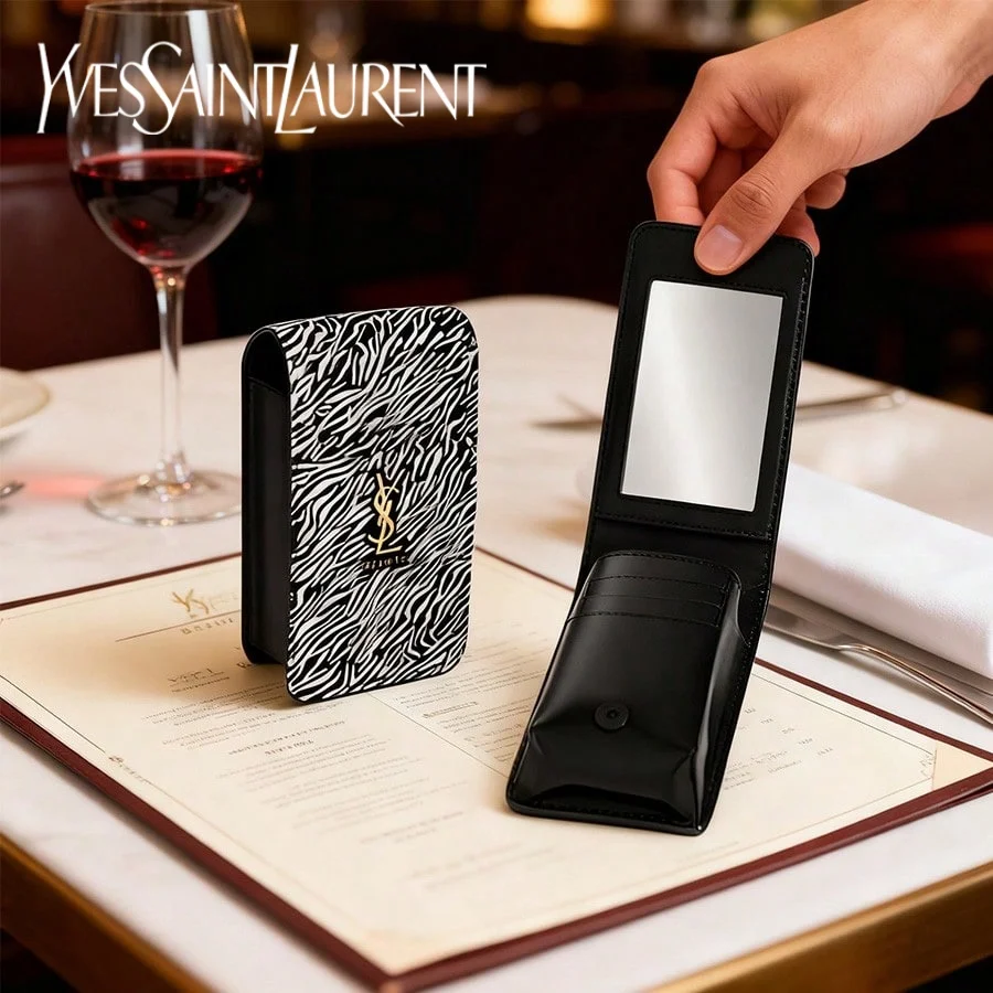 ysl限定ゼブラプリント赤い封筒ミニポータブル収納ポーチ磁気開閉式内蔵ミラープレミアム耐摩耗性レザー