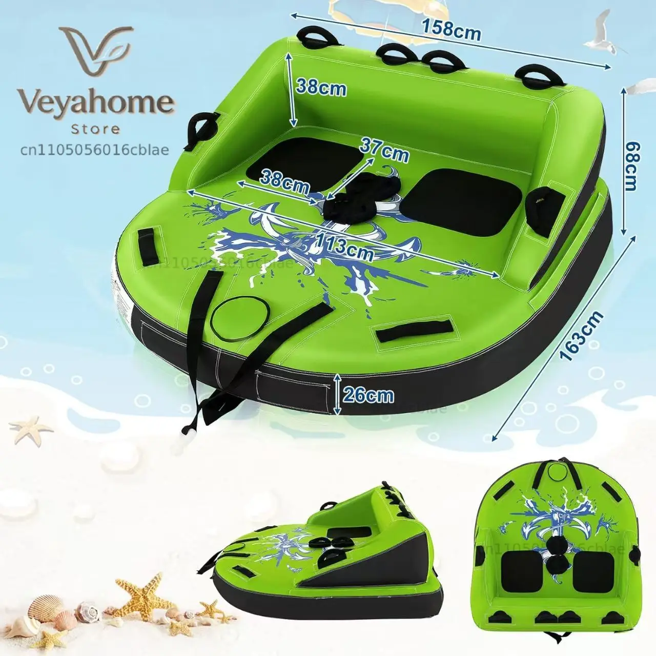 2 Person Towable Tube for Boating, Inflatable Towable Water Sports Tube for Adults Customized Blue