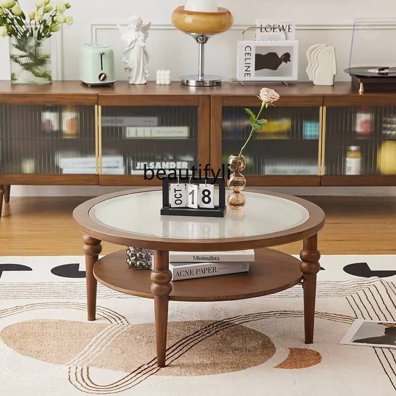 

yj American Retro Mini Solid Wood Coffee Table round Tempered Glass Small Table Light Luxury High-End