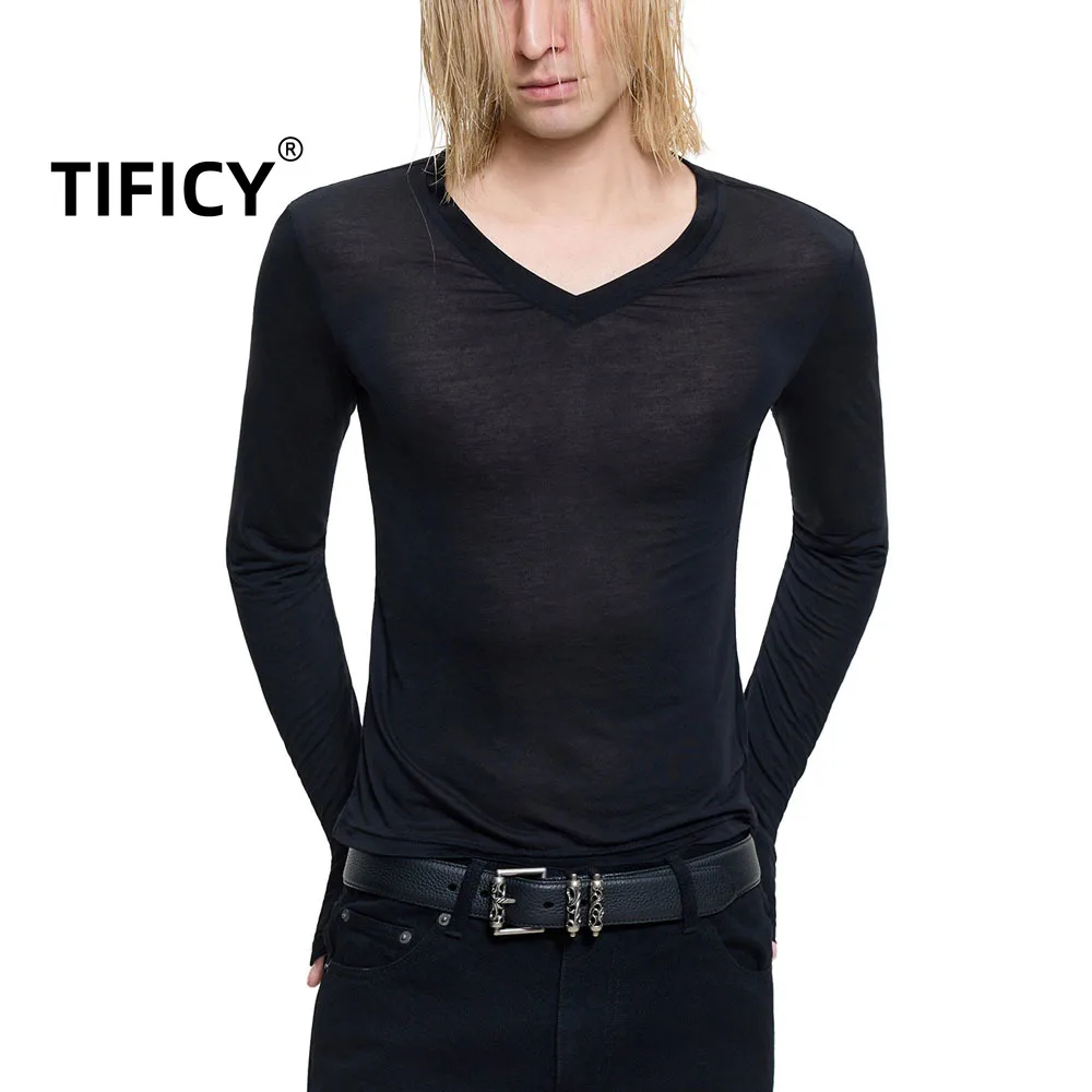 High Street Tees Tshirts Men's Slim-fit Black V-neck Long-sleeved T-shirt Lightweight and Breathable Knitted Fabric Autumn Top