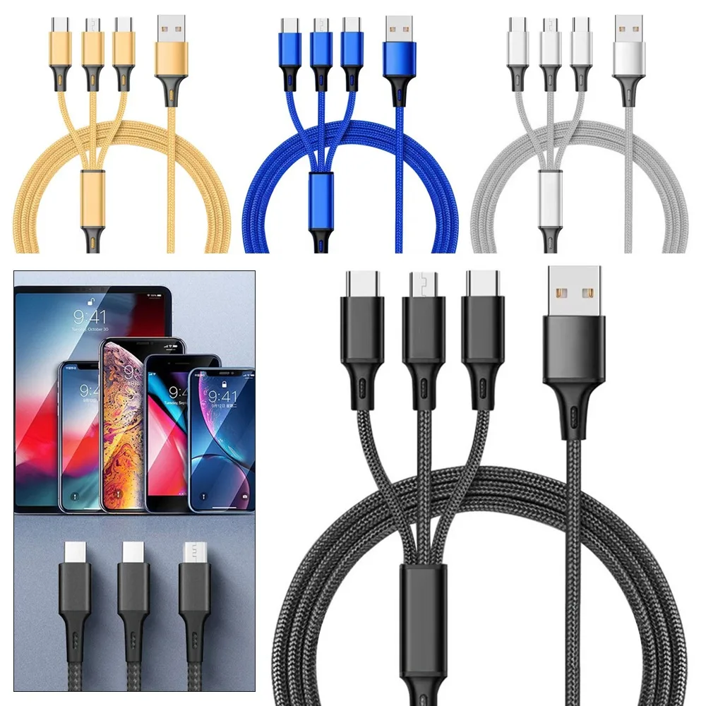 Universal Nylon Braided Wire 3-In-1 Fast USB Charging Cable Data Sync Cable Phone Charger High Speed Mobile Phone Quick Charge