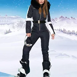 Winter Ski Suit For Women Waterproof Warm Snow Overalls Outdoor Sports Snowboard Clothes One Piece Ski Jumpsuit With Fur Collar