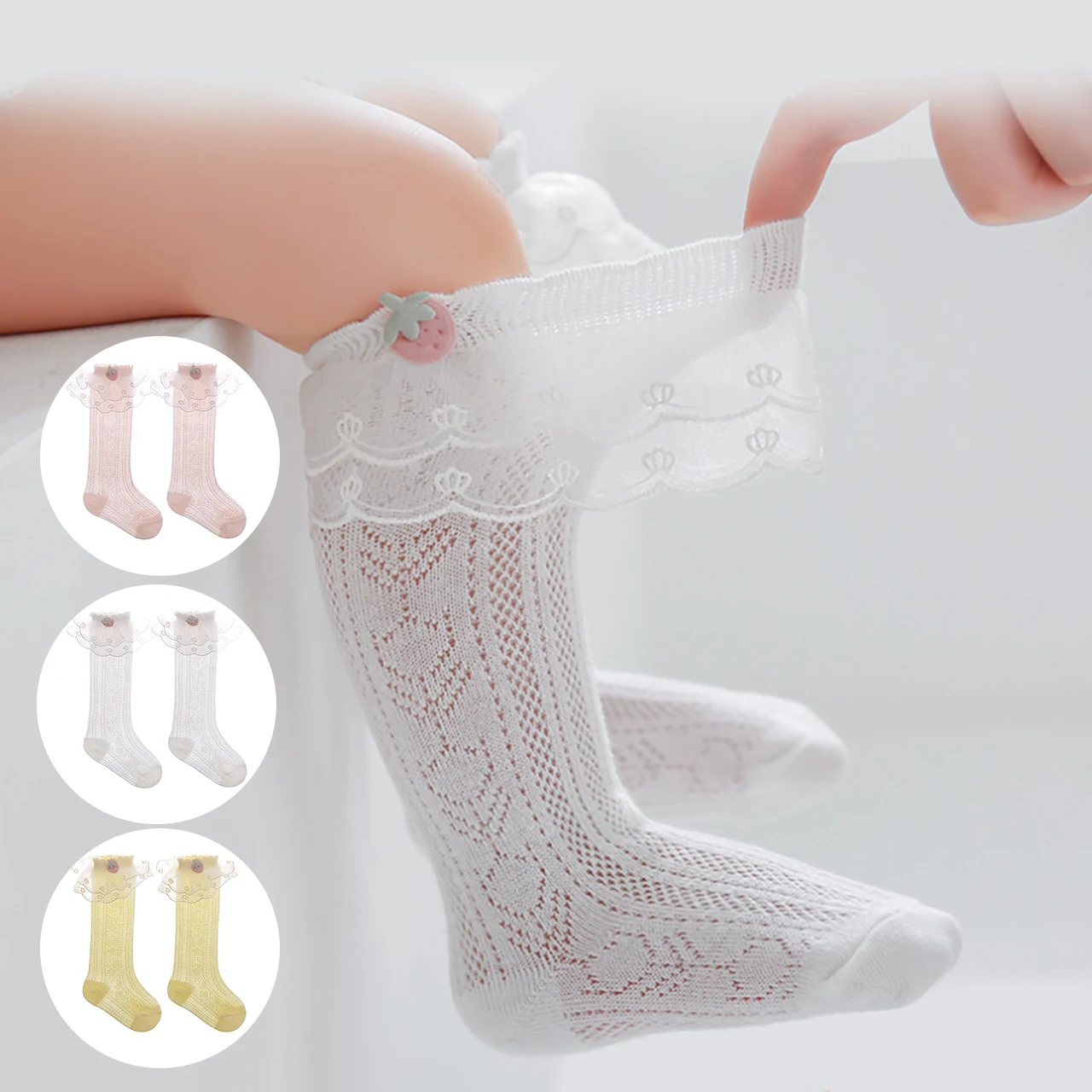 Princess Girl Lace Ruffle Socks Pink Strawberry Baby Knee-high Sock Summer Mesh Socks Thin Breathable Children Cotton Sock 0-3Y