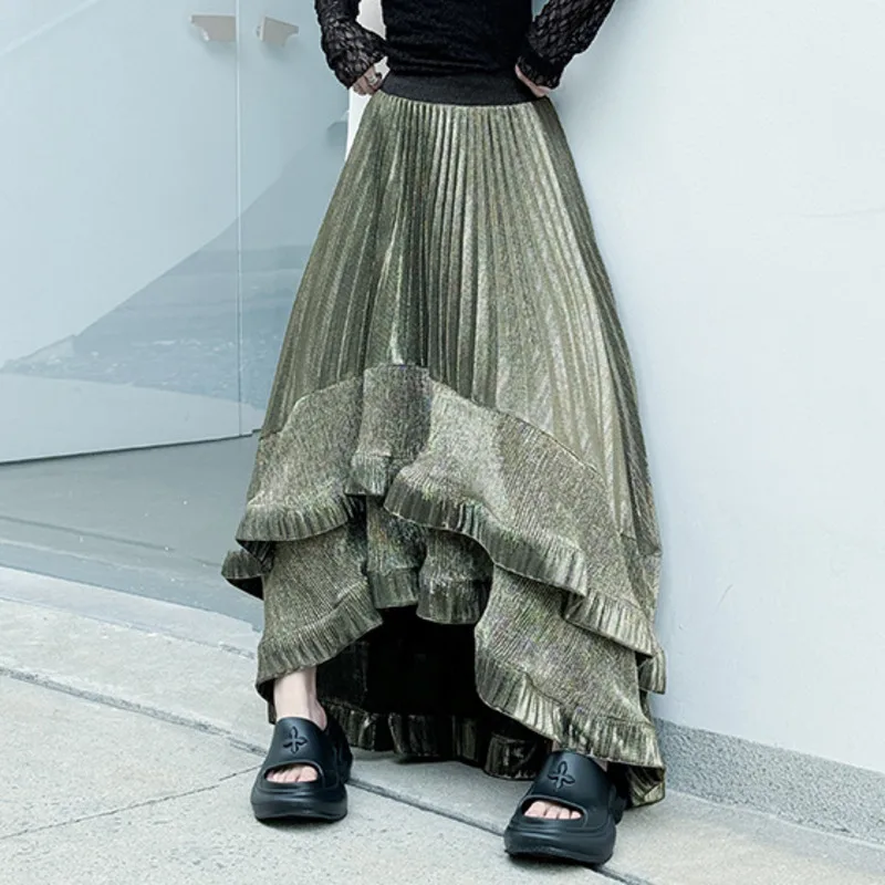 Yaonovni moda plissado irregular saia longa feminina cintura alta solta babados retalhos elegante saias longas casuais 2025 novo