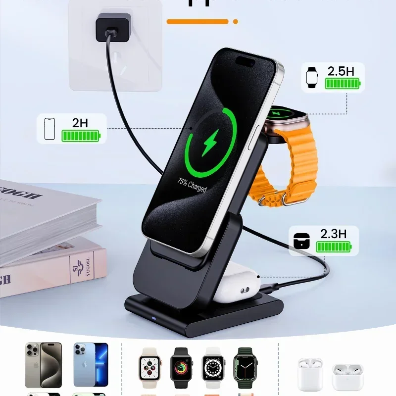 3 in 1 Wireless Charging Station Power Bank Foldable Magnetic Charging Station 10000mAh for Magsafe Stand iPhone 15 14 13 Watch