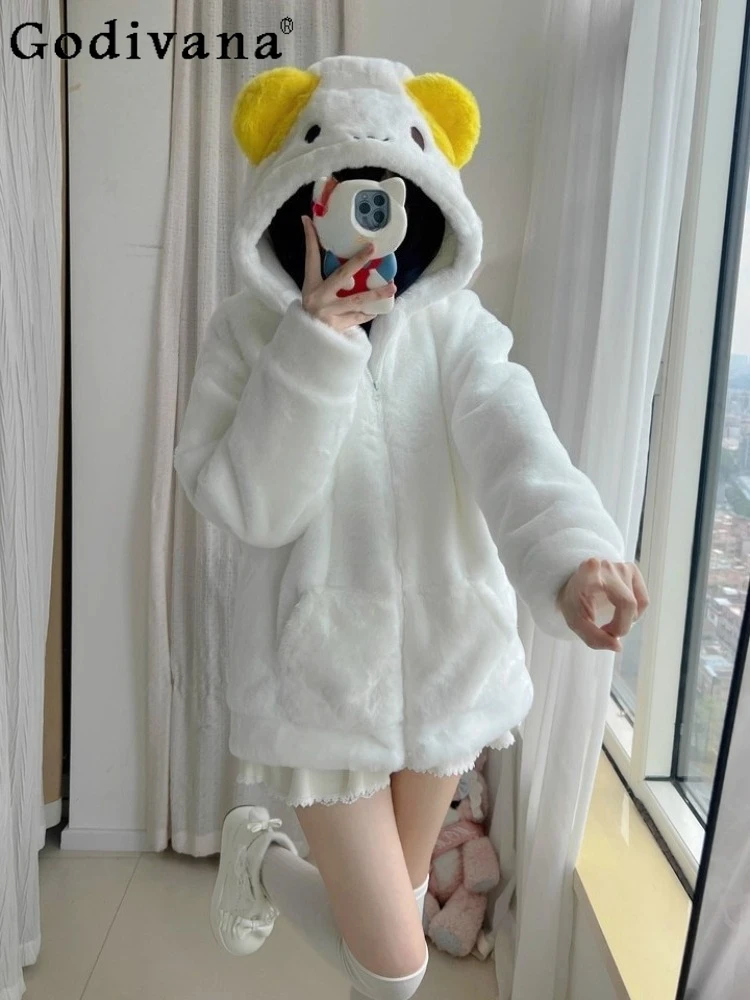 

Faux Fur Coat for Women Winter 2025 Soft Girls Kawaii Plush Hooded Jacket Female Sweet Loose Sweatshirt Daughter Y2K Fur Jacket