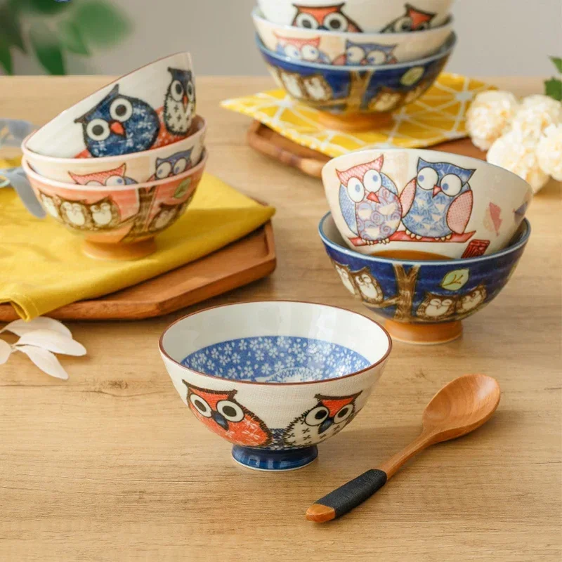 

Japanese Underglaze Color Owl Ceramic Bowl Parent-child Rice Bowl Meaning Auspicious Tableware Kitchen Accessories Salad Bowls